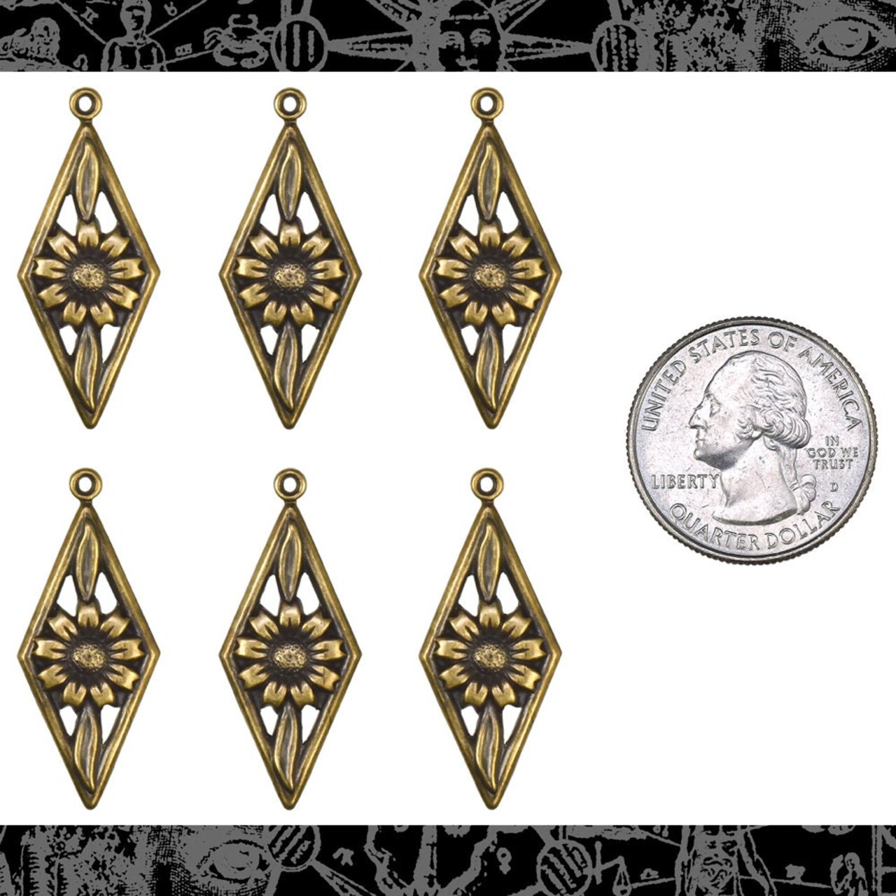 Antiqued Brass Nine Petaled Daisy in Diamond Charms - Set of Six - AB-C186